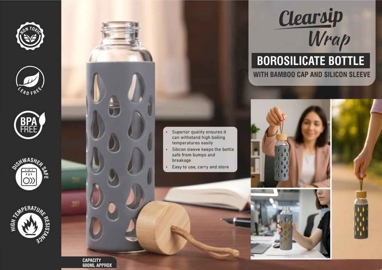 ClearSip Wrap: Borosilicate bottle with Bamboo Cap and Silicon sleeve