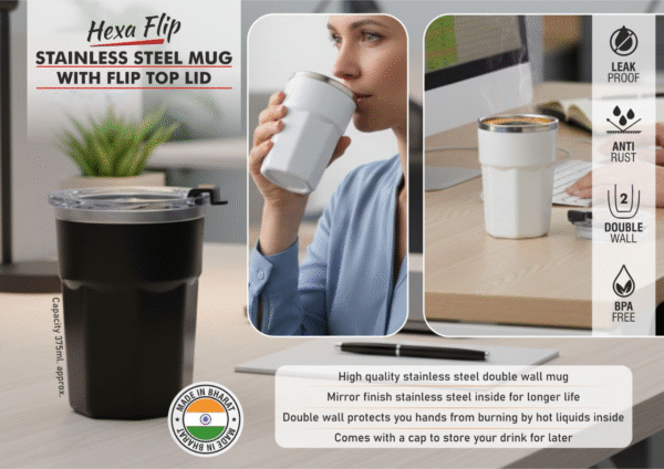 Hexa Flip: Stainless Steel Mug with Flip Top Lid | Capacity 400ml