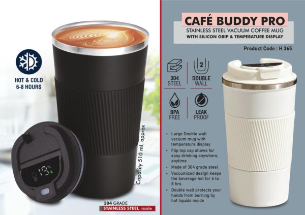 Cafe Buddy Pro: Stainless Steel Vacuum coffee mug with Silicon Grip & Temperature Display