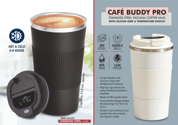 Cafe Buddy Pro: Stainless Steel Vacuum coffee mug with Silicon Grip & Temperature Display
