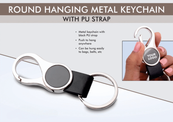 Round hanging metal keychain with PU strap