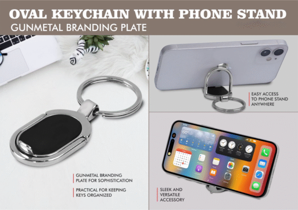 Oval Keychain with Phone stand | Gunmetal branding plate