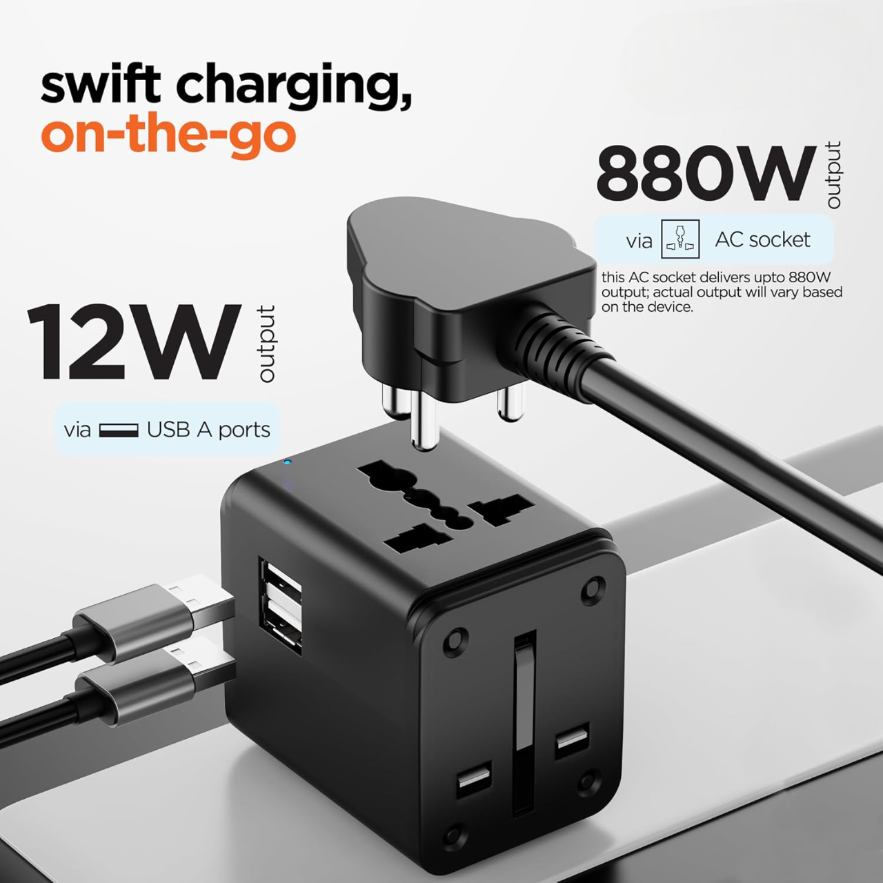 12W Universal Travel Adaptor, All in One Worldwide Compatible (Black)