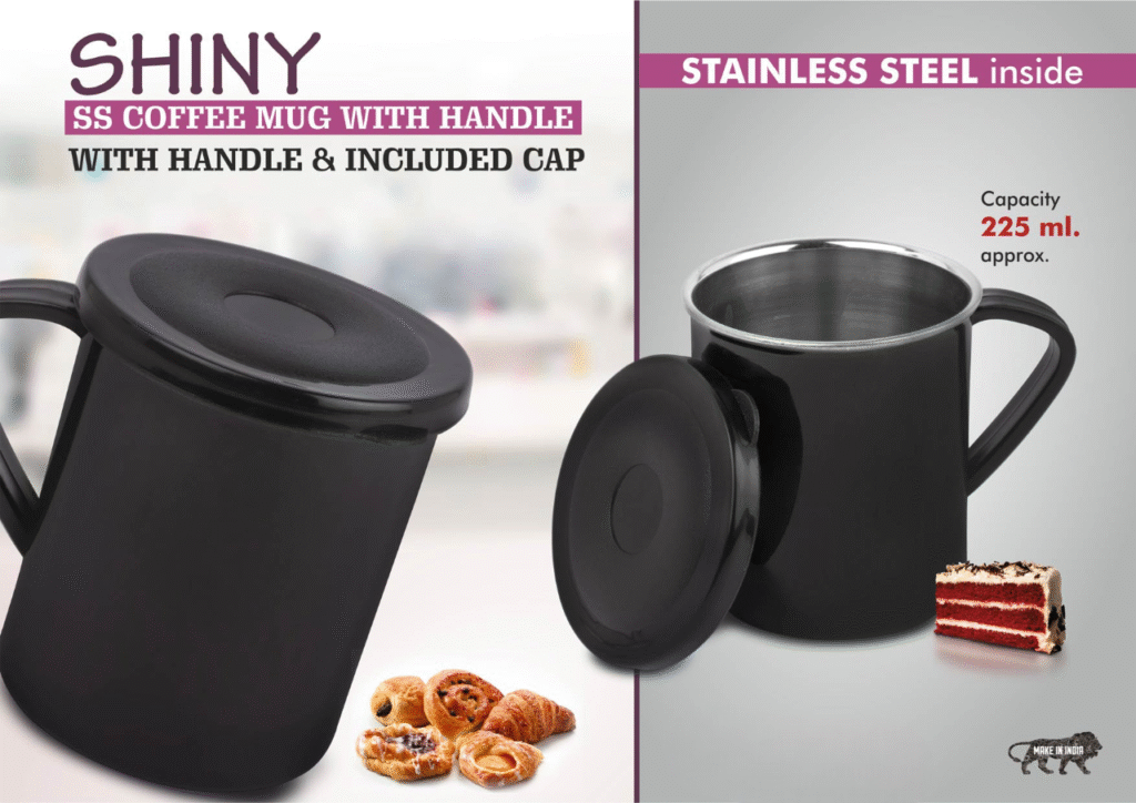Shiny Steel Coffee mug with handle | Cap included