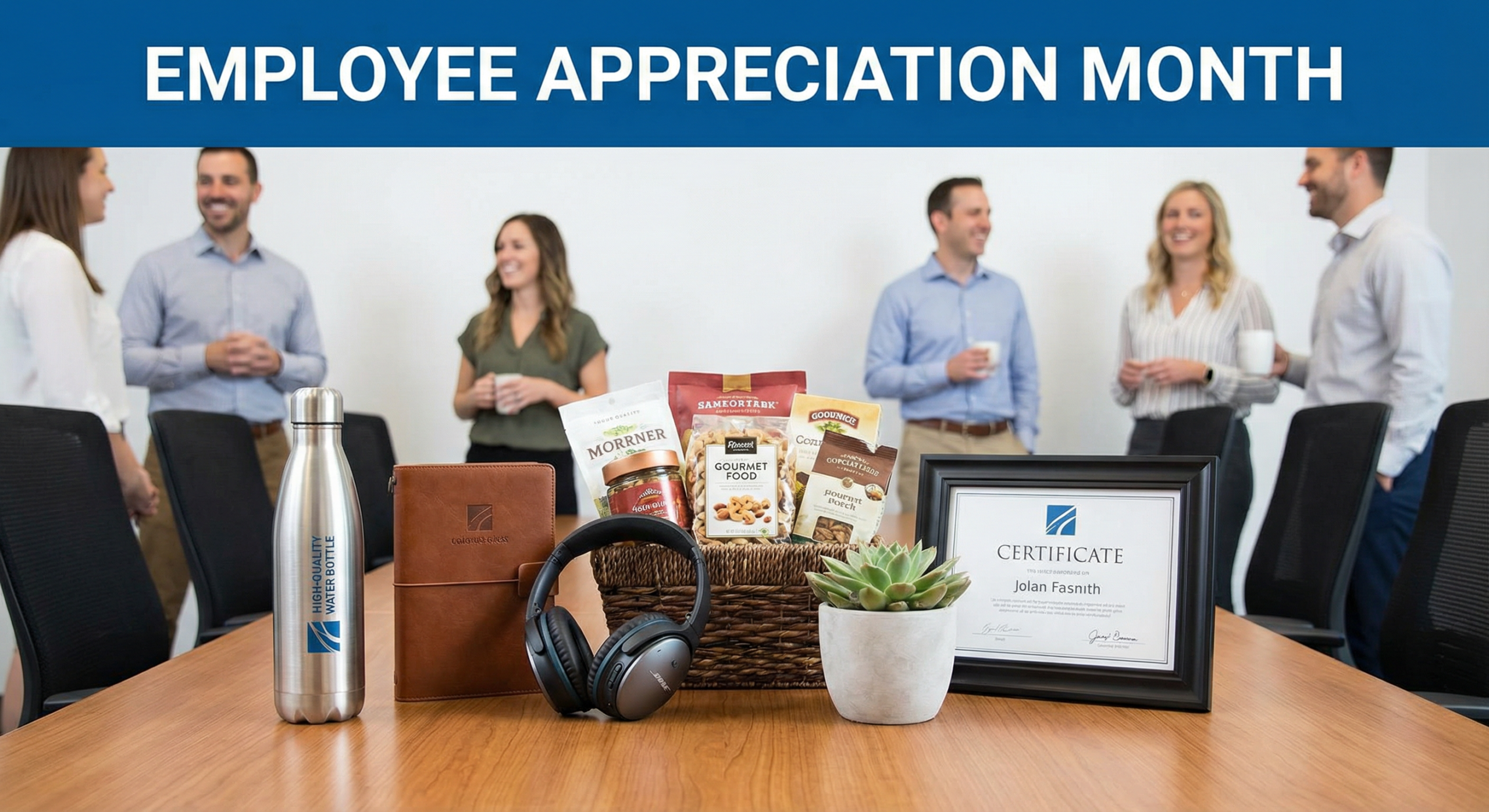 Premium corporate gift items including drinkware notebook and tech accessories