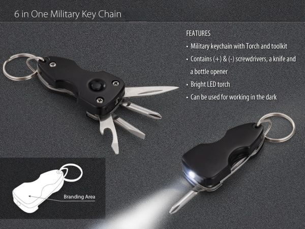 6 in 1 military keychain with toolkit and torch