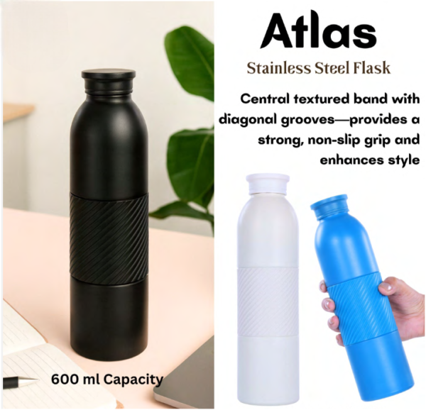 Atlas 600ml Stainless Steel Flask with Non-Slip Textured Grip