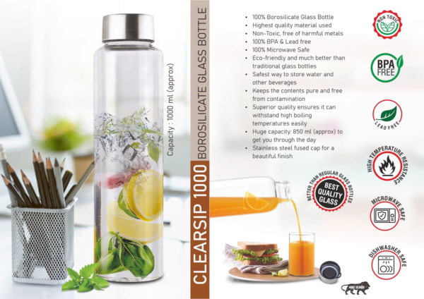 ClearSip 1000 Borosilicate Glass Water Bottle with Stainless Steel Lid – 1000ml
