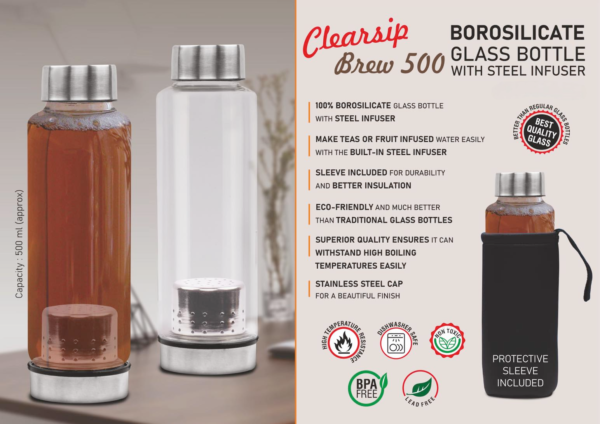 ClearSip Brew 500 Borosilicate Glass Infuser Bottle with Sleeve – 500ml
