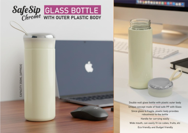 SafeSip Chrome Glass Bottle with Protective Outer Body – 350ml