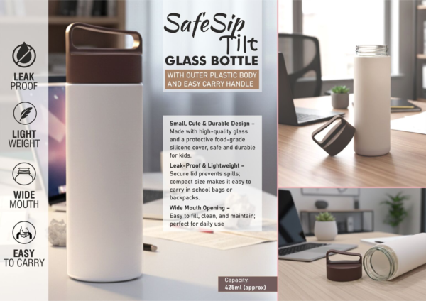 SafeSip Tilt Glass Bottle with Carry Handle & Protective Outer Body – 425ml