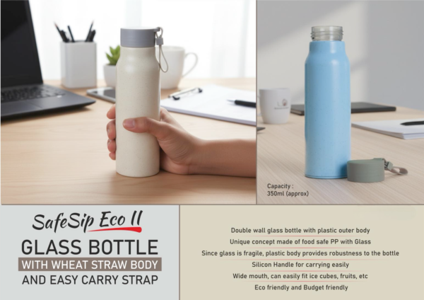 SafeSip Eco II Glass Bottle with Wheat Straw Body & Carry Strap – 350ml