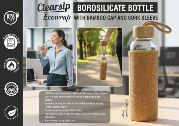 ClearSip EcoWrap Borosilicate Glass Bottle with Bamboo Cap & Cork Sleeve – 600ml