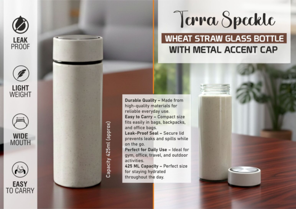 Terra Speckle Wheat Straw Glass Bottle with Metal Accent Cap – 425ml