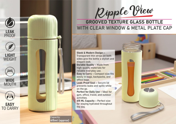 Ripple View Grooved Texture Glass Bottle with Clear Window & Metal Plate Cap – 415ml