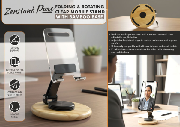 Folding & Rotating Clear Mobile Stand with bamboo base