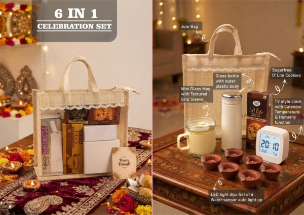 Corporate 5-in-1 Diwali Set | Tech Desk Clock & Glass Drinkware