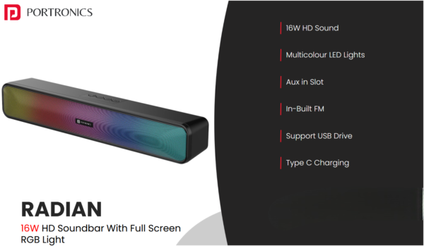 Radian 16W HD Soundbar With Full Screen RGB Light