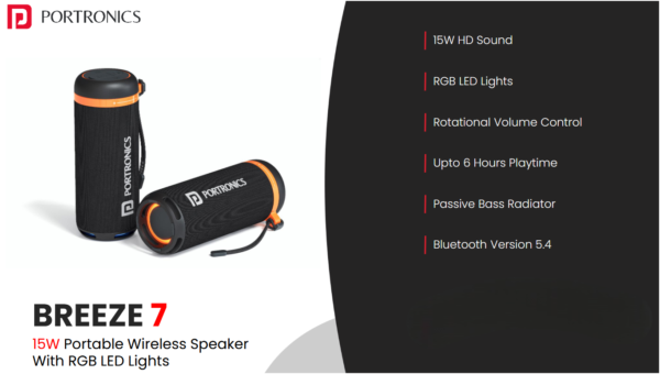 Breeze 7 15W Portable Wireless Speaker with RGB LED Lights