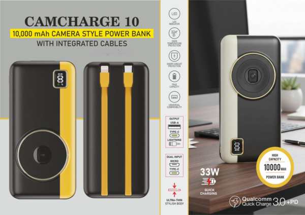 Camera Style Power bank With Integrated cables